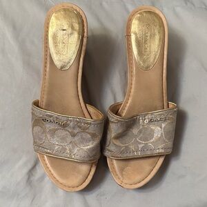 Coach Joanne Metallic Gold & Beige Signature Slide Mules
